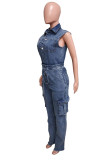 Navy Blue Casual Solid Color Pocket Patchwork Turndown Collar Sleeveless Bodycon Denim Jumpsuits