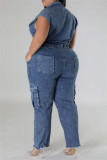Navy Blue Casual Solid Color Pocket Patchwork Turndown Collar Sleeveless Bodycon Denim Jumpsuits