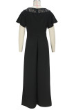 Black Casual Solid Color Lace Zipper Patchwork O Neck Loose Jumpsuits