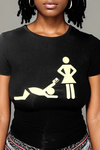 Black Casual Print Patchwork O Neck T-Shirts