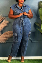Navy Blue Casual Solid Color Pocket Patchwork Turndown Collar Sleeveless Bodycon Denim Jumpsuits