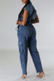 Navy Blue Casual Solid Color Pocket Patchwork Turndown Collar Sleeveless Bodycon Denim Jumpsuits