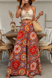 Red Casual Print Patchwork Boot Cut High Waist Speaker Full Print Bottoms