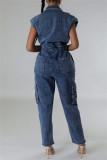 Navy Blue Casual Solid Color Pocket Patchwork Turndown Collar Sleeveless Bodycon Denim Jumpsuits