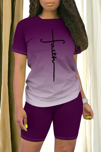 Purple Casual Daily Gradient Print Letter Print Contrast O Neck Short Sleeve Two Pieces