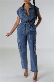 Navy Blue Casual Solid Color Pocket Patchwork Turndown Collar Sleeveless Bodycon Denim Jumpsuits