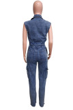 Navy Blue Casual Solid Color Pocket Patchwork Turndown Collar Sleeveless Bodycon Denim Jumpsuits