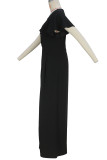 Black Casual Solid Color Lace Zipper Patchwork O Neck Loose Jumpsuits
