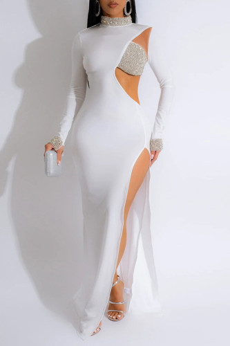 White Sexy Hot Drilling Patchwork Hollow Out Slit Half A Turtleneck Evening Dresses