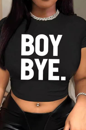 Black Sexy Letters Patchwork O Neck T-Shirts