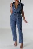 Navy Blue Casual Solid Color Pocket Patchwork Turndown Collar Sleeveless Bodycon Denim Jumpsuits