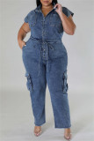 Navy Blue Casual Solid Color Pocket Patchwork Turndown Collar Sleeveless Bodycon Denim Jumpsuits