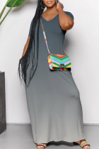 Grey Casual Daily Gradient Print Contrast V Neck Printed Dresses