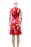 Red Celebrities Print Pleated Patchwork O Neck Straight Dresses