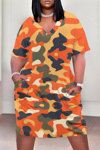 Orange Casual Camouflage Print Pocket Contrast V Neck Printed Plus Size Dresses