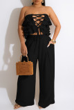 Cream White Sexy Casual Solid Color Hollow Out Lace Up Backless Strapless Sleeveless Two Pieces