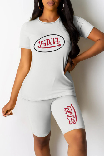 White Casual Daily Letter Print O Neck Short Sleeve Two Pieces