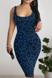 Blue Sexy Leopard Print Patchwork U Neck Wrapped Skirt Dresses