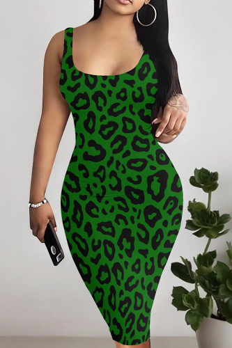 Green Sexy Leopard Print Patchwork U Neck Wrapped Skirt Dresses