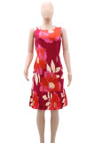 Red Celebrities Print Pleated Patchwork O Neck Straight Dresses