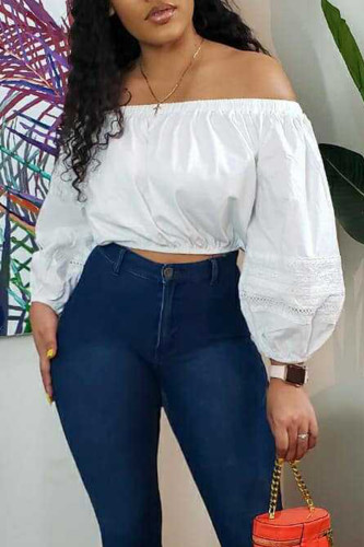 White Casual Solid Color Backless Patchwork Off Shoulder Tops