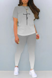 Grey Casual Gradient Print Letter Print Contrast O Neck Short Sleeve Two Pieces