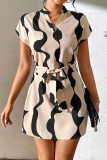 Apricot Casual Print Strap Design Patchwork V Neck Straight Dresses