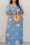 Blue Sexy Flowers Print Off Shoulder Printed Dresses