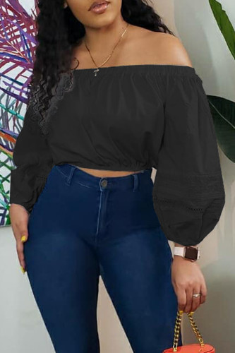 Black Casual Solid Color Backless Patchwork Off Shoulder Tops