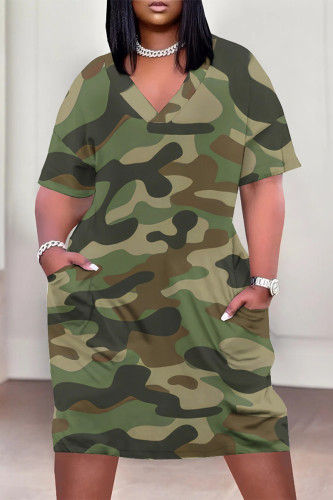 Green Casual Camouflage Print Pocket Contrast V Neck Printed Plus Size Dresses