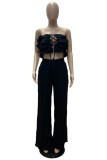 Cream White Sexy Casual Solid Color Hollow Out Lace Up Backless Strapless Sleeveless Two Pieces
