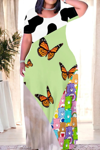 Light Green Casual Leopard Print The stars Butterfly Print Contrast O Neck Printed Dresses
