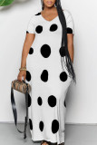 White Casual Polka Dot Print Pocket Contrast V Neck Printed Dresses