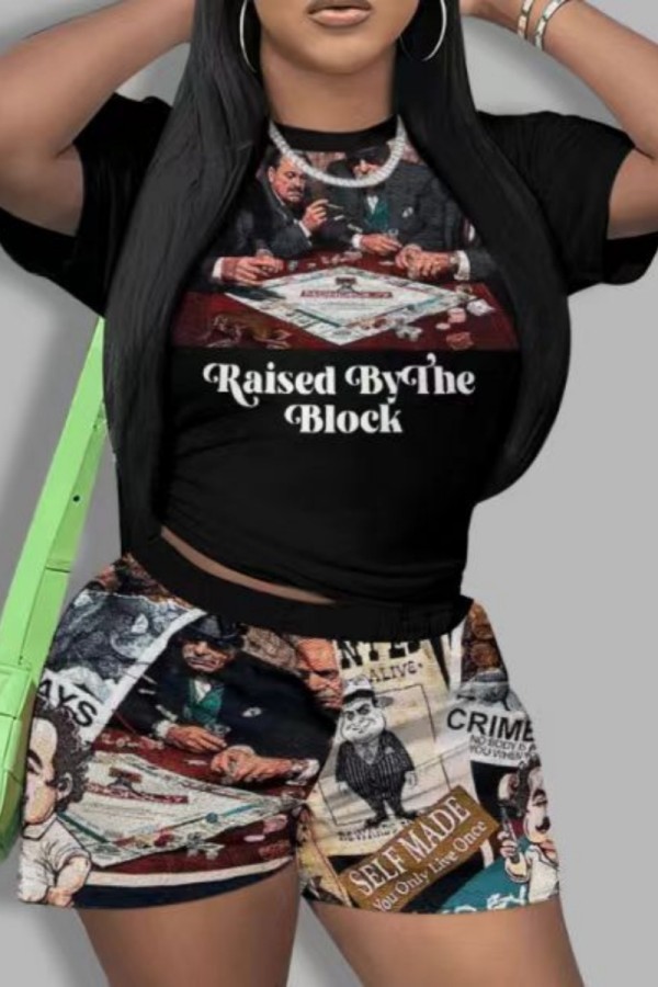 Black White Casual Print Basic O Neck Short Sleeve Two Pieces