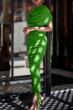 Green Street Solid Color Draw String Ruched Patchwork O Neck Long Dresses