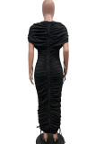 Green Street Solid Color Draw String Ruched Patchwork O Neck Long Dresses