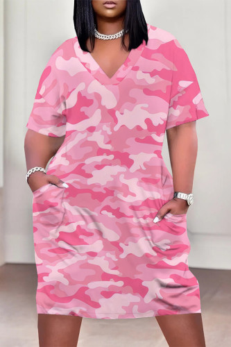 Pink Casual Camouflage Print Pocket Contrast V Neck Printed Plus Size Dresses