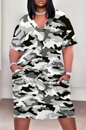 Gray White Casual Camouflage Print Pocket Contrast V Neck Printed Plus Size Dresses