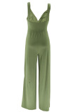 Green Casual Solid Color Patchwork V Neck Jumpsuits