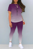 Grey Casual Gradient Print Letter Print Contrast O Neck Short Sleeve Two Pieces