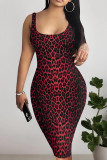 Gold Sexy Leopard Print Backless Patchwork U Neck Wrapped Skirt Dresses