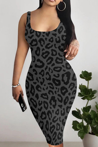 Grey Sexy Leopard Print Patchwork U Neck Wrapped Skirt Dresses