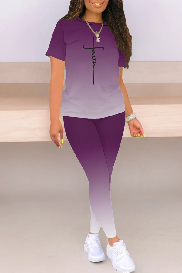 Purple Casual Gradient Print Letter Print Contrast O Neck Short Sleeve Two Pieces