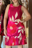 Red Celebrities Print Pleated Patchwork O Neck Straight Dresses