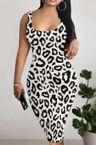 White Sexy Leopard Print Patchwork U Neck Wrapped Skirt Dresses