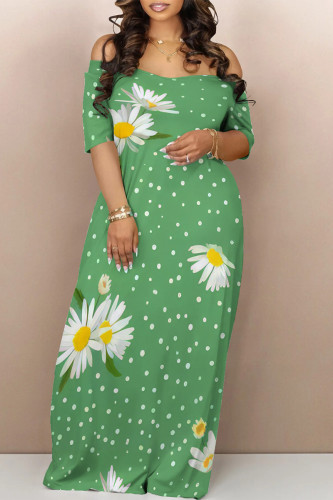 Green Sexy Flowers Print Off Shoulder Printed Dresses