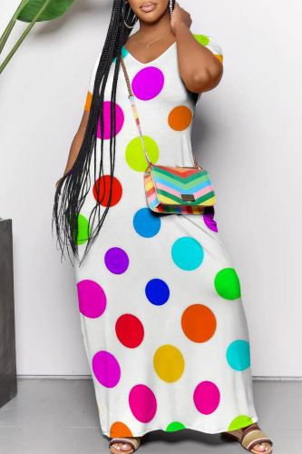 Colour Casual Polka Dot Print Pocket Contrast V Neck Printed Dresses