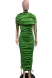 Green Street Solid Color Draw String Ruched Patchwork O Neck Long Dresses