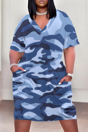 Blue Casual Camouflage Print Pocket Contrast V Neck Printed Plus Size Dresses