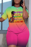 Green Casual Gradient Print Basic O Neck Short Sleeve Two Pieces